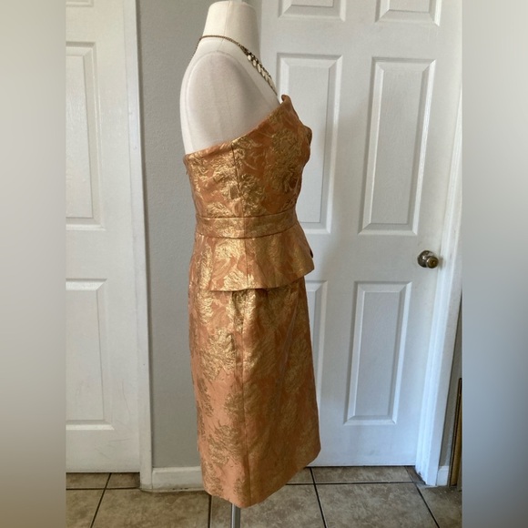 Theia Strapless Sheath Dress Gold Bronze Floral Size 4 - Picture 7 of 14